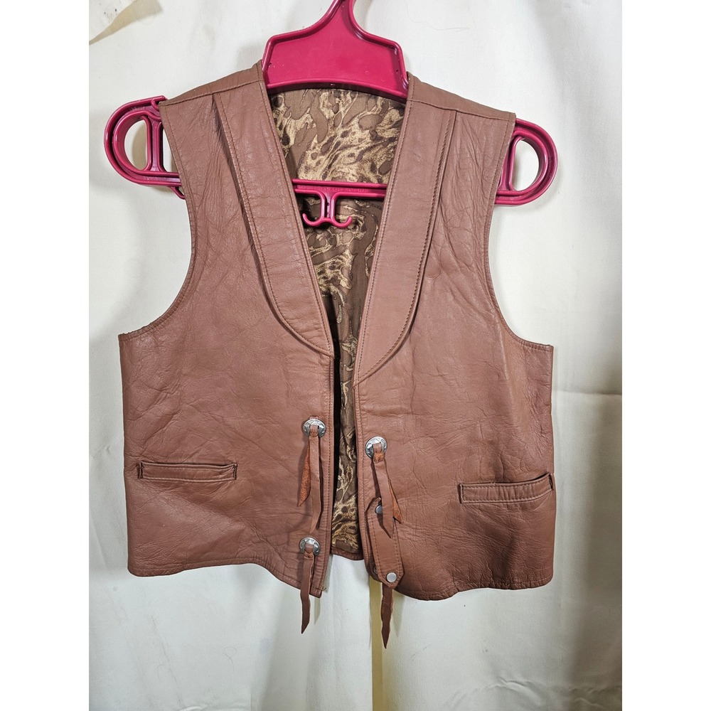 Vintage Joo-Kay Tan Leather Western Vest Concho Fringe Shawl Collar Brown
